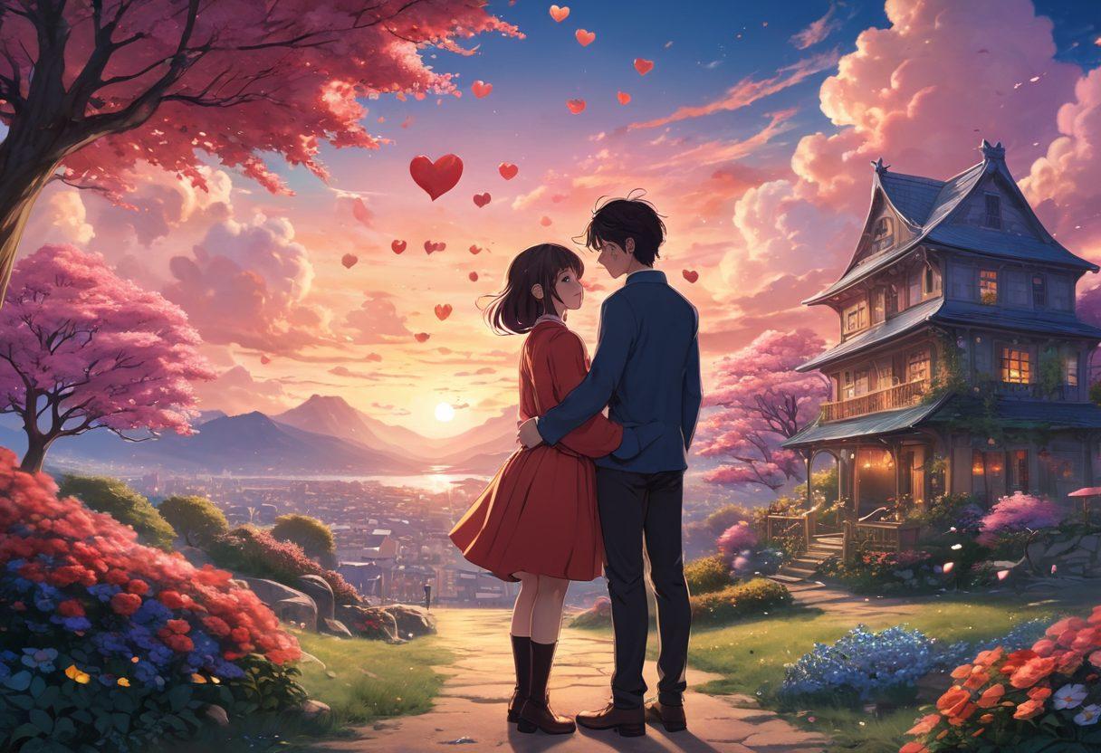 A dreamy landscape blending fantasy and reality, featuring two characters in a heartfelt embrace surrounded by magical elements like glowing flowers and floating hearts. In the background, hints of an urban setting merge with a whimsical sky, symbolizing the duality of adult anime narratives. The characters should express deep affection and romance, capturing the essence of love in a vibrant and enchanting way. soft-focus, rich colors, anime-inspired, surreal style.