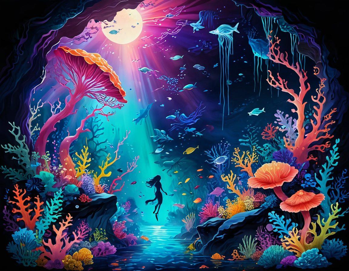 A captivating scene featuring a whimsical blend of vibrant colors, showcasing a fantastical underwater realm filled with enchanting sea creatures and psychedelic coral formations. Focus on two ethereal characters expressing passion and intimacy in a surreal, dreamlike manner, with flowing lines and soft glows around them. Elicit a sense of exploration and mystery, inviting viewers into the depths of desire. digital painting. vibrant colors. fantasy style.